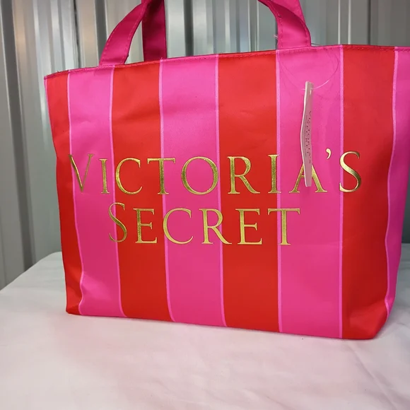 Victoria's Secret Vibrant Pink and Gold Striped Tote - Picture 5 of 7